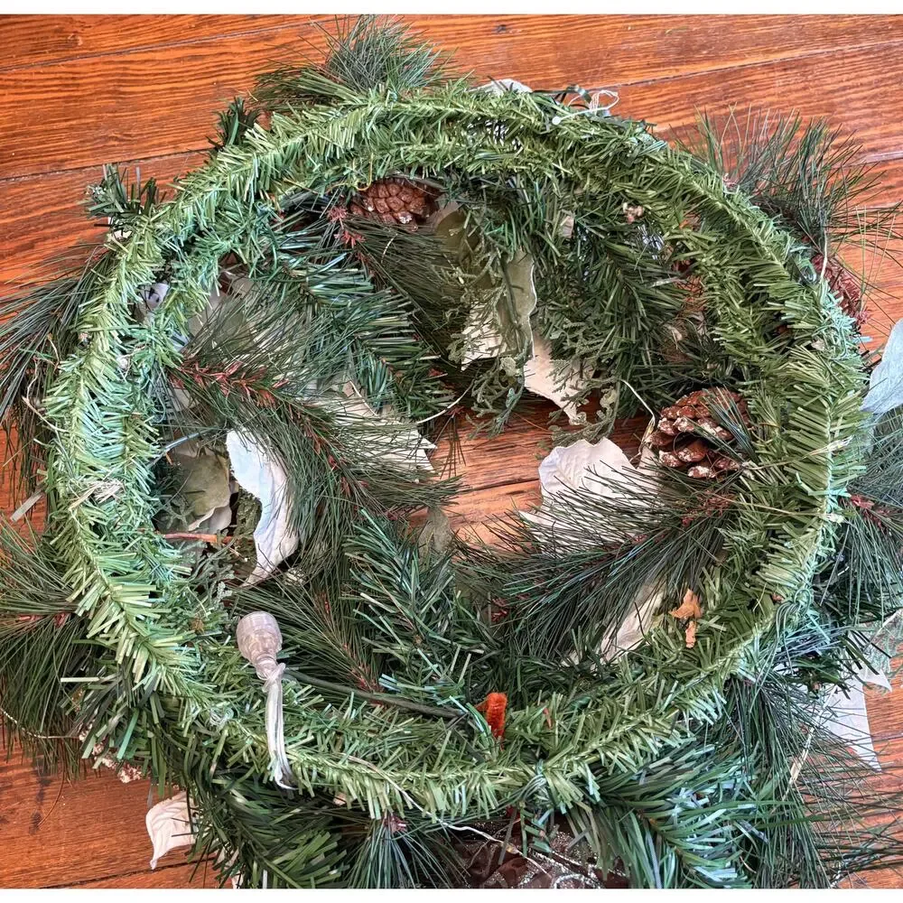 Set of 2 Handmade 19” Poinsettia Winter Wreaths with Greenery Wire Backs